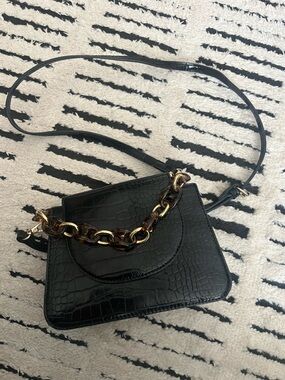 Call It Spring Black Croc-Embossed Crossbody Bag with Tortoiseshell-Style Chain